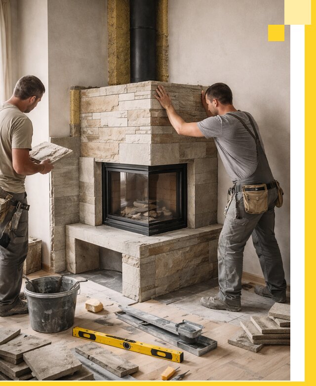 Угловые камины под ключ проект, монтаж и отделка в Кимрах