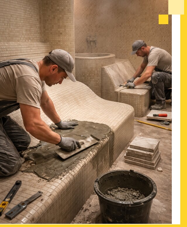 Лежаки для хамама под ключ в Кимрах, проект и монтаж